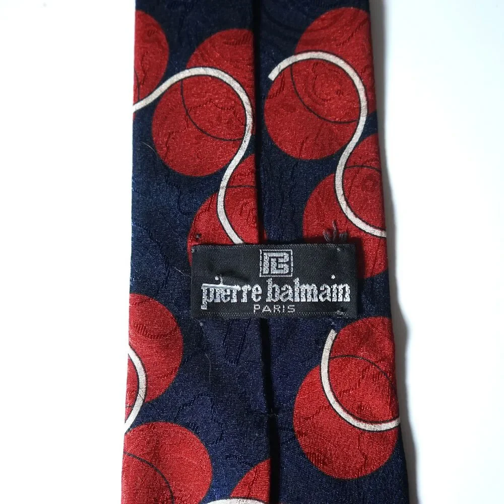 Pierre Balmain Neck Tie Navy Blue Geometric Red White Circular Pattern